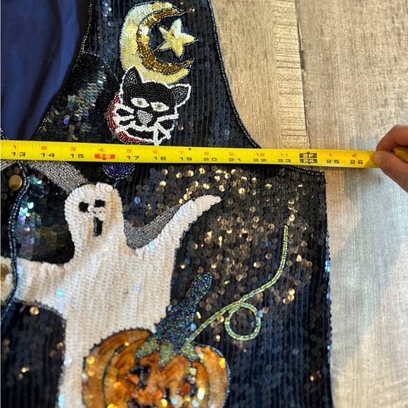 VTG The Quacker Factory Sequined Halloween Vest 1X Ghost Pumpkins Moon Black Cat - Picture 5 of 6